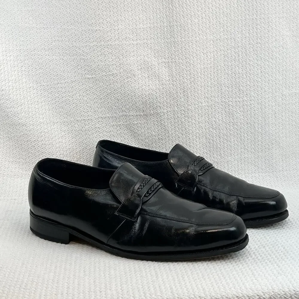 Florsheim Black Leather Penny Loafers Braided Strap Mens US 13 E Dress Shoes